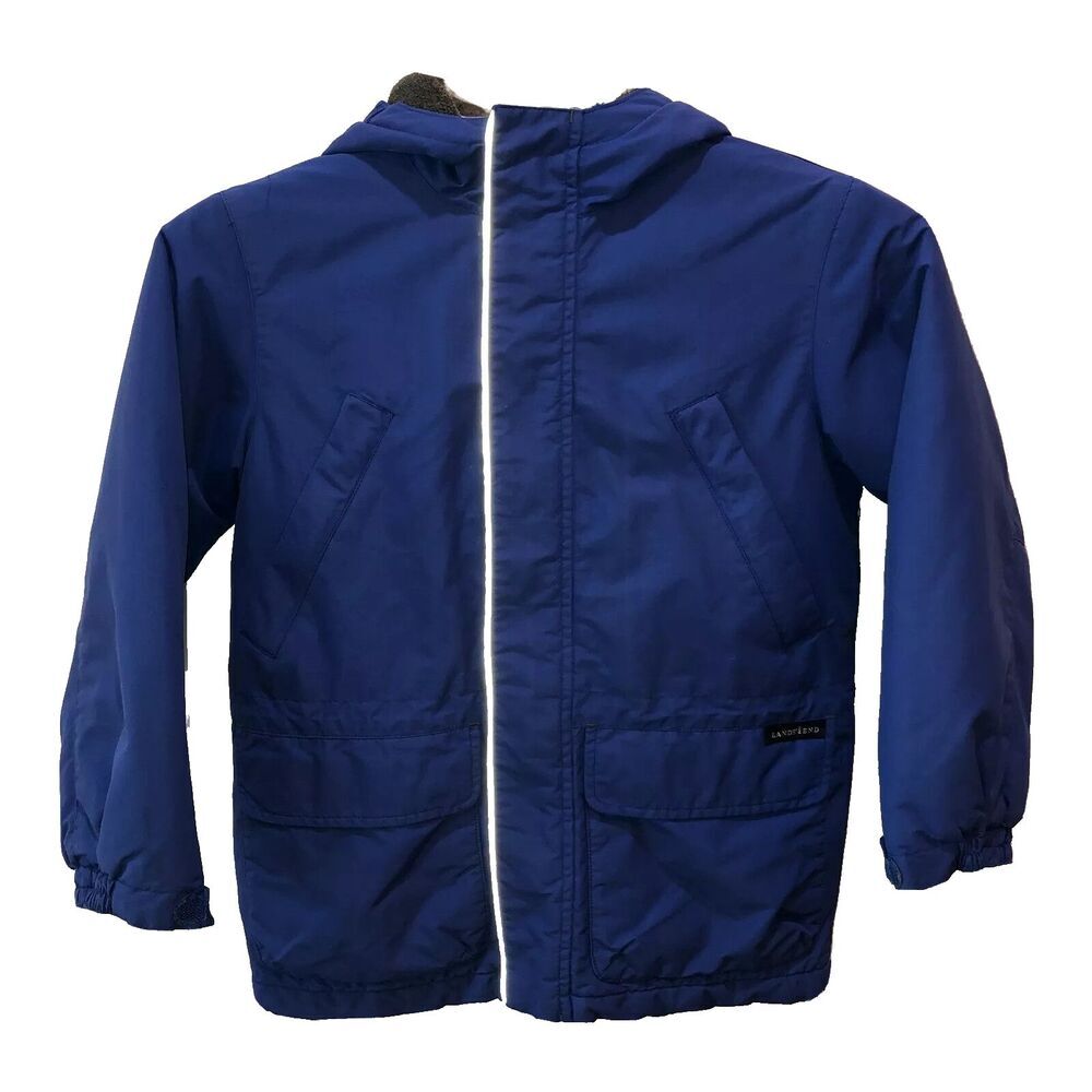 Lands End Boys Small Blue Long Sleeve Zip Up Pockets Hooded Coat Jacket Hoodie